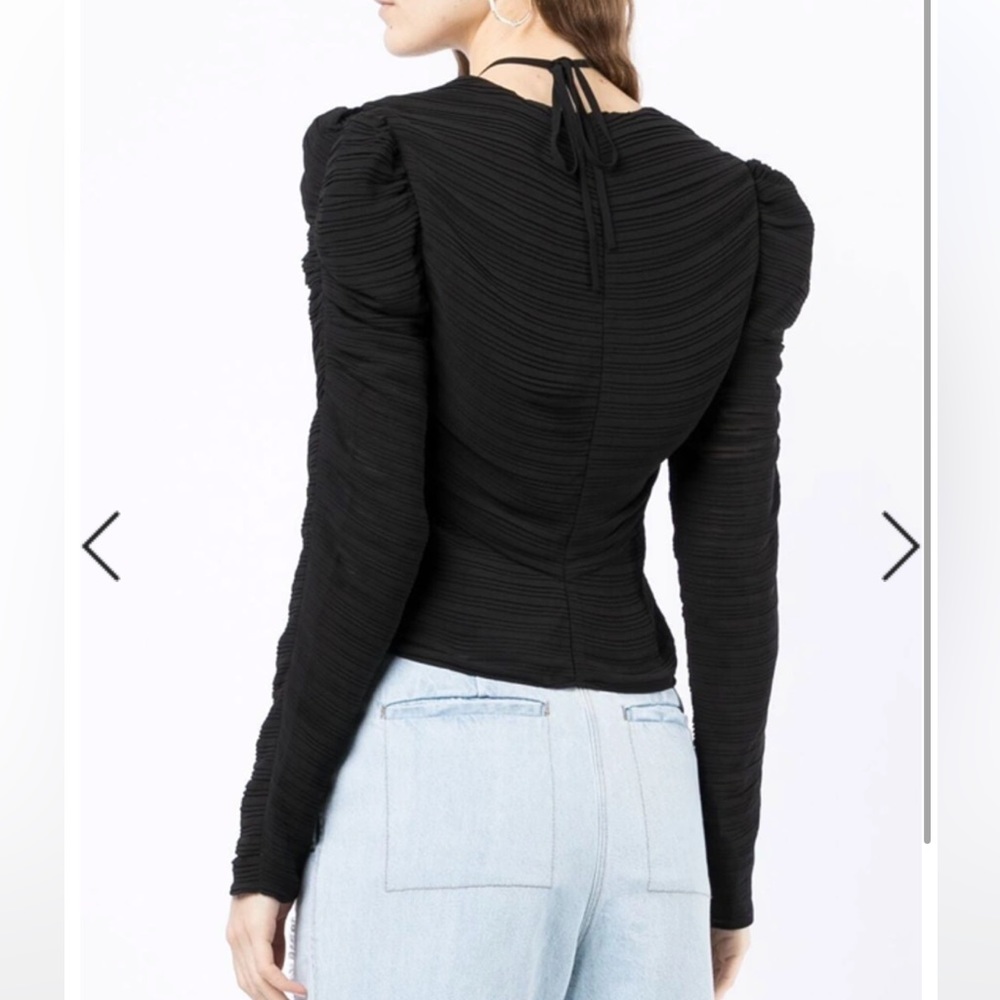 Frame Gathered Ruched Keyhole Tie Neck Puff Long Sleeve Top - Picture 9 of 15